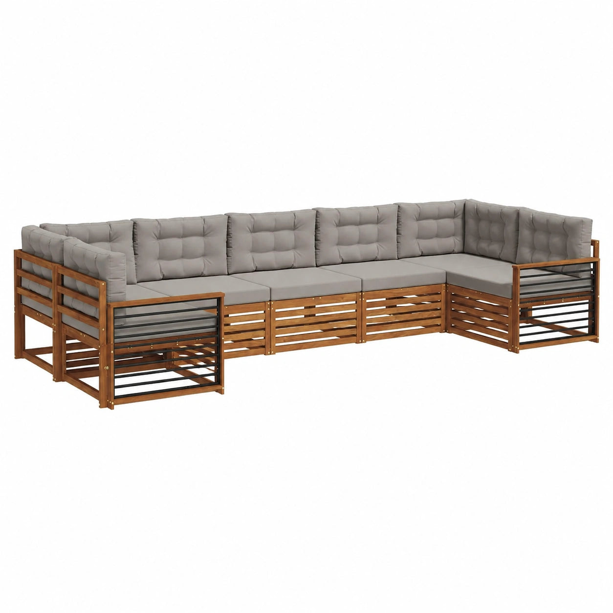 Set modulare da giardino in legno di acacia 7 pezzi con cuscini, divano angolare per esterno, terrazzo e piscina