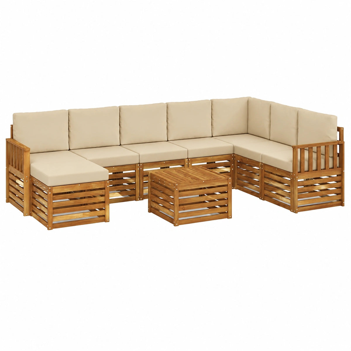 Set di Divani da Giardino in Acacia, 9 Pezzi Modulari con Tavolo e Cuscini, Angolare e Centrale, Naturale Beige