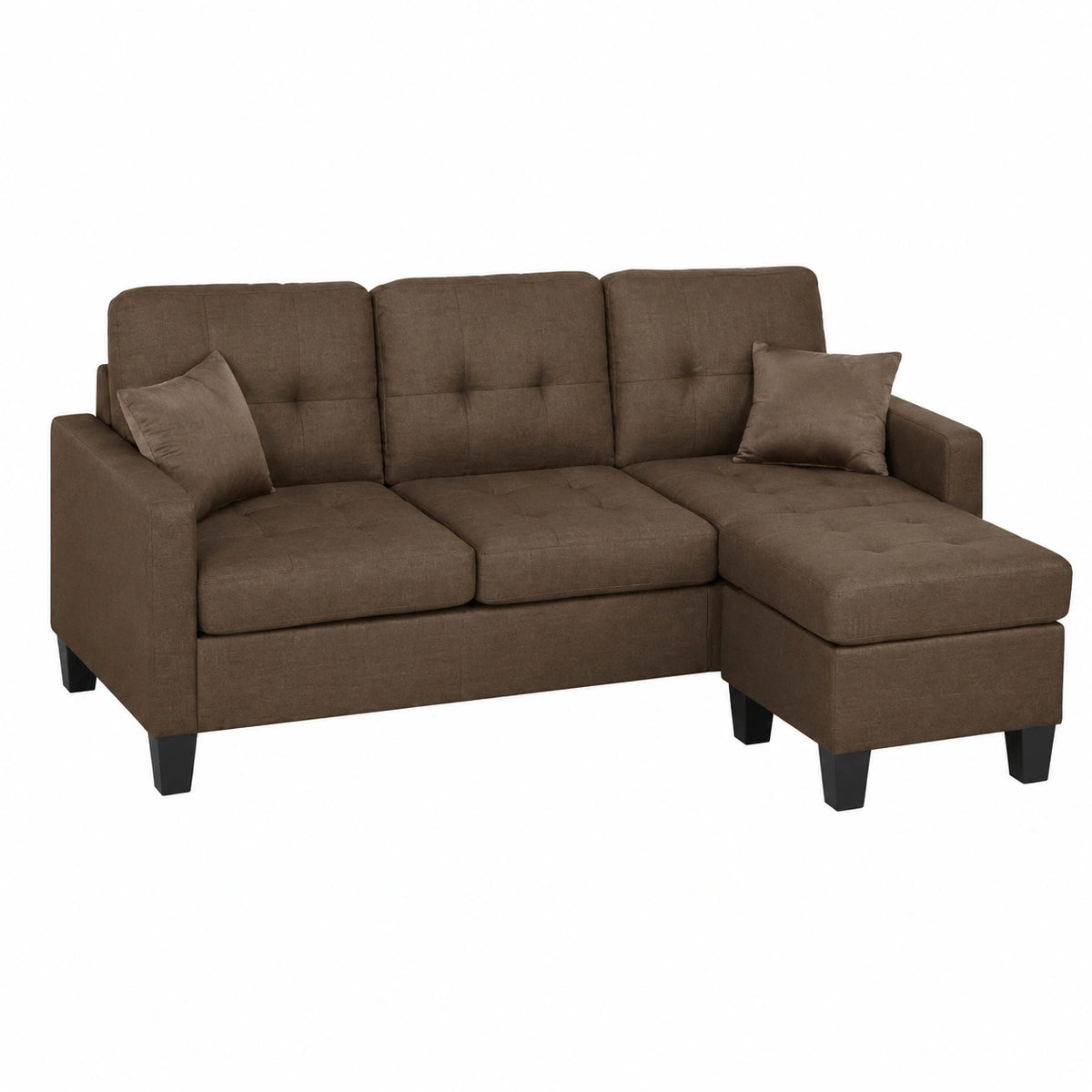 Divano ad Angolo Moderno 3 Posti con Pouf e 2 Cuscini, Colore Marrone
