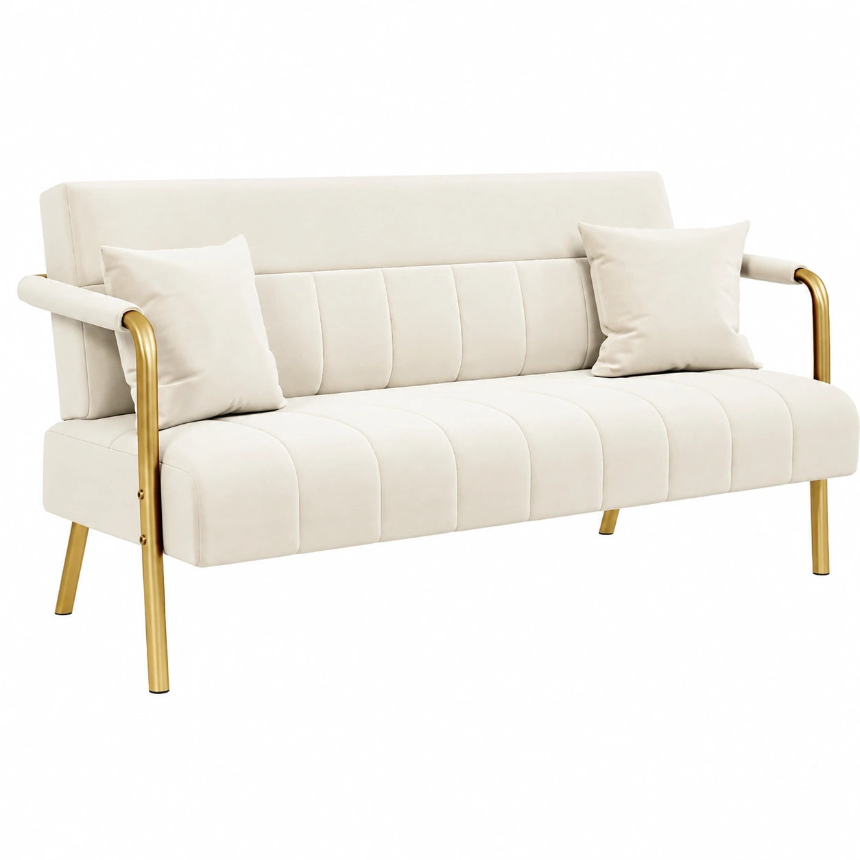 Divano a 2 Posti in Velluto Beige con Cuscini e Braccioli, 143,5 cm