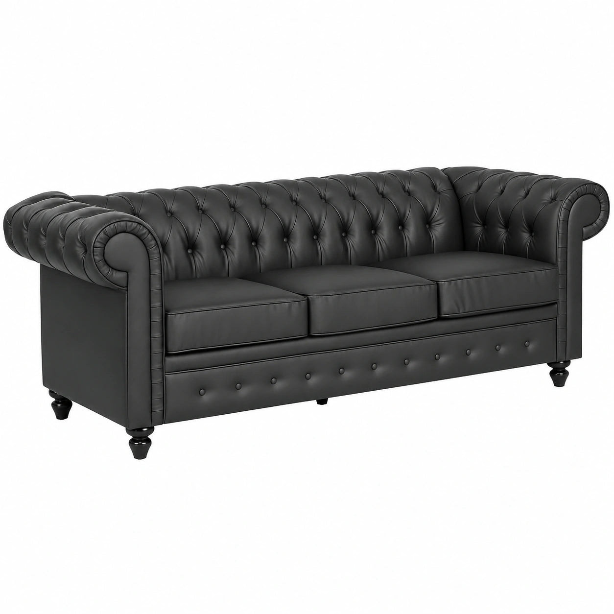 Divano Chesterfield 3 Posti in Ecopelle, Sofà Elegante con Braccioli e Imbottitura Confortevole, Gambe in Legno per Soggiorno e Ufficio, Nero