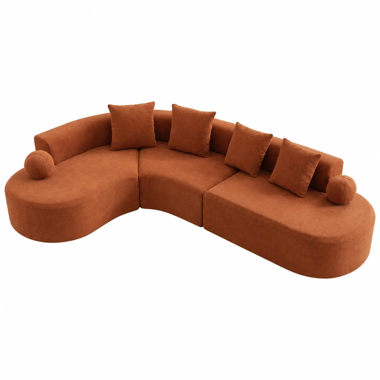 Divano modulare a L in ciniglia arancione, design moderno senza braccioli, 5 posti, struttura ad arco elegante, nessun montaggio richiesto
